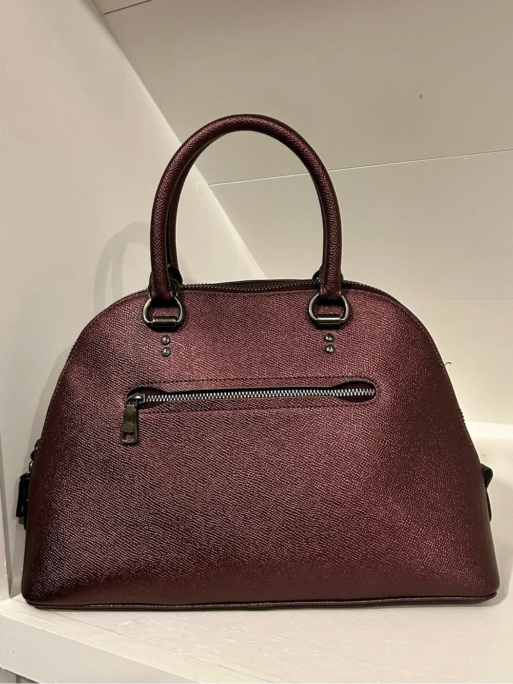 Coach Dome Satchel Handbag w/ Crossbody Strap in Metallic Burgundy